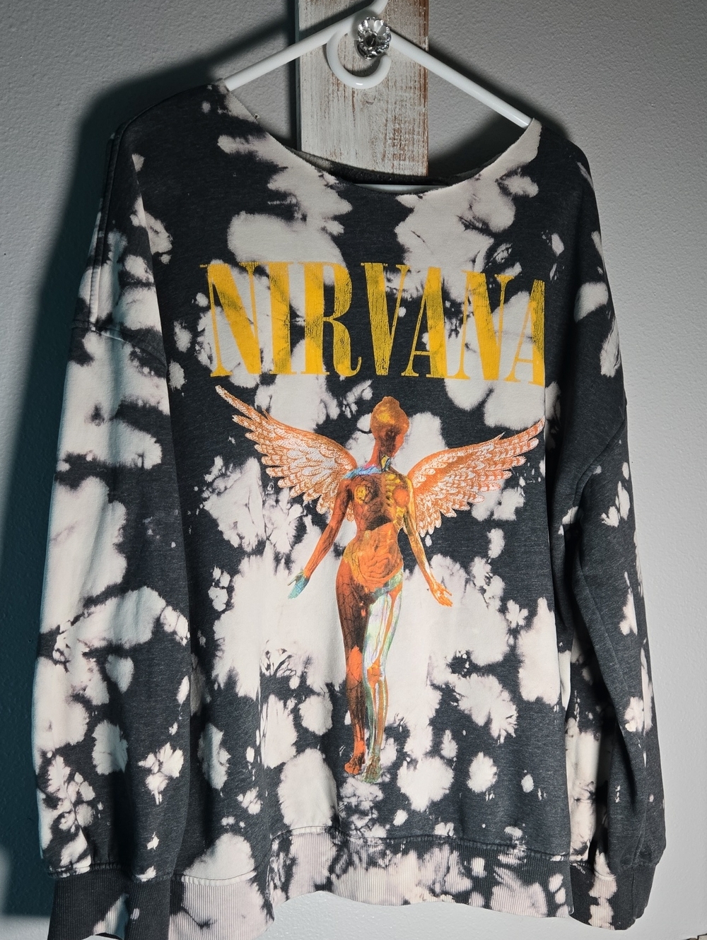 NIRVANA Black & White Tie-Dye Angel Graphic Sweatshirt with Yellow Logo